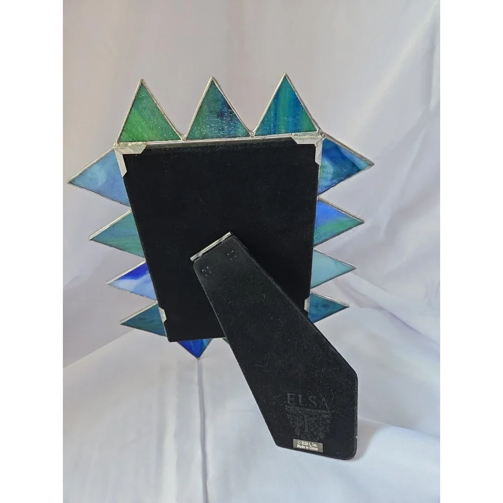 Elsa Leaded Slag Stained Blue Green Art Glass 8x10 Picture Frame Fits 5x7 Photo